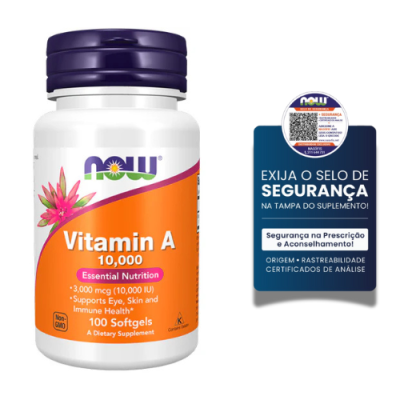 Frasco de vitamina A da NOW com selo de segurança
