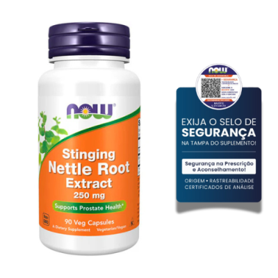 Suplemento Now Stinging Nettle Root Extract embalagem branca com selo de segurança azul