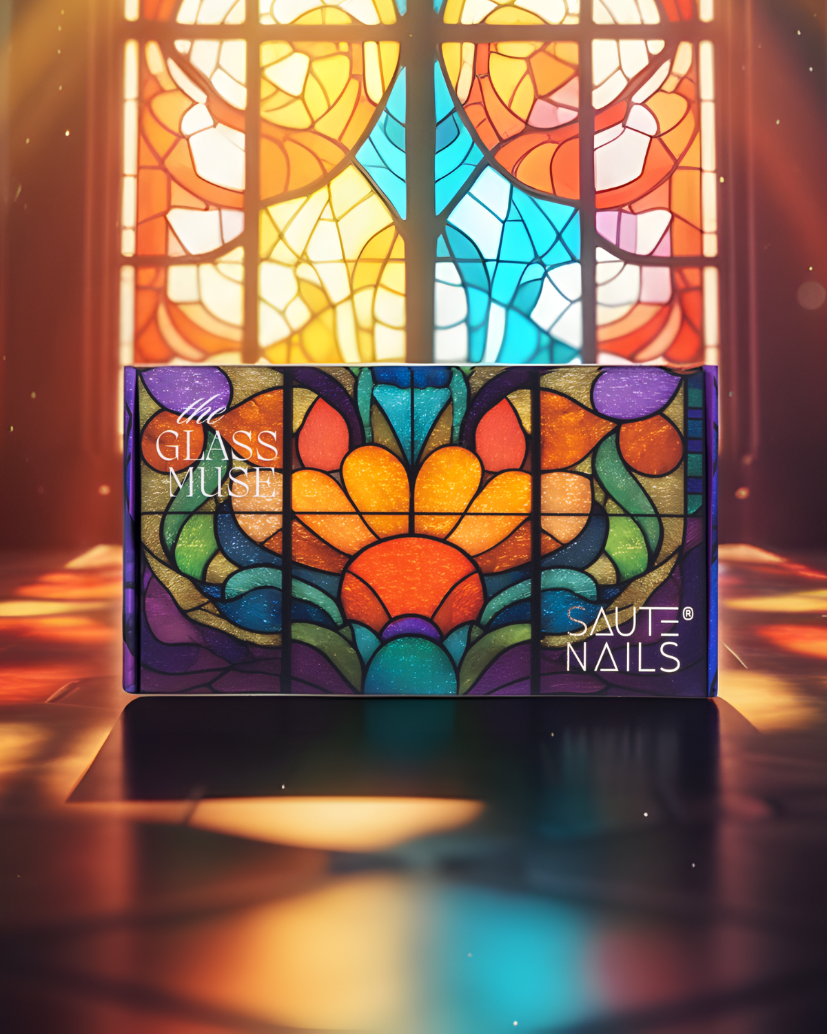 Coleção de Verniz Gel Semi-transparente "The Glass Muse" Caixa colorida de vidro esmaltado com padrão de vitral e texto branco, iluminada por luz de vitral ao fundo