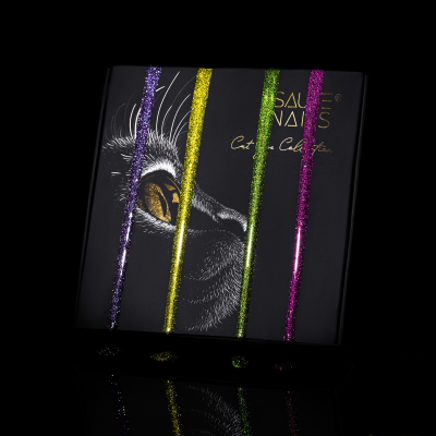 Caixa preta decorada com riscas glitter coloridas e olho de gato, texto Saute Nails Cat Collection