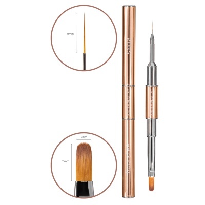 Pincel duplo metálico dourado com ponta fina e ponta larga de cerdas naturais