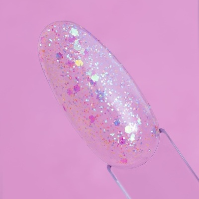 Unha postiça com glitter rosa e brilho colorido em suporte metálico