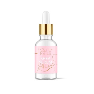 Frasco de sérum com conta-gotas e etiqueta rosa com texto branco e dourado