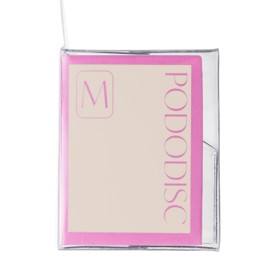 Embalagem transparente com rótulo rosa e branco PODO DISC