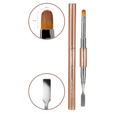 Pincel duplo para unhas com cabo metálico cobre e detalhes prateados