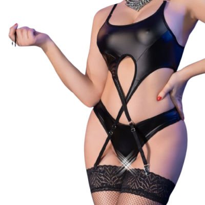 Conjunto Sensual: Couro Ecológico, Cintas Ajustáveis, Virilha Aberta, Chicote de Silicone - S, M, L