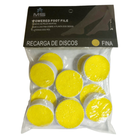 Pacote de recargas de discos para lima de pés elétrica amarelos e embalagem preta com texto