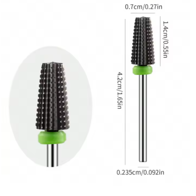 Broca rotativa metálica preta com base verde e indicações de medidas