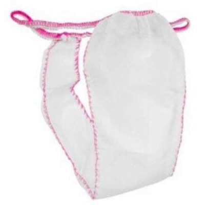 cueca descartável branca com costura rosa e cordão