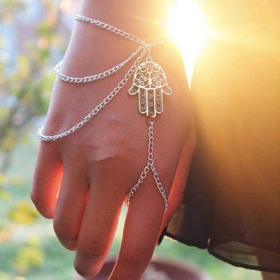 Pulseira Prateada de mão - Com mão de Fátima - Hamsa