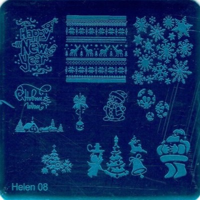 Placa de carimbo azul com desenhos de Natal e Ano Novo para unhas