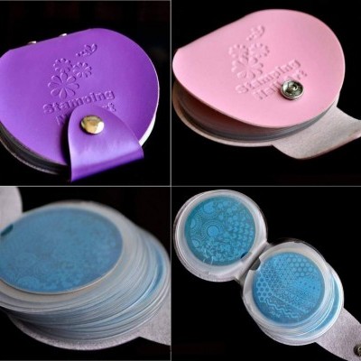 Placas de estampar para unhas com estojo de couro sintético rosa e roxo