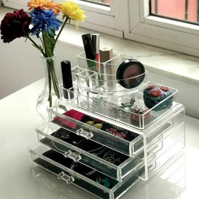 Organizador de Maquilhagem - Acrílico com 3 gavetas e cubículos para batons, pinceis, etc.