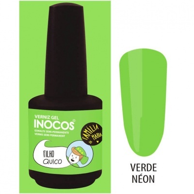 Frasco de verniz gel INOCOS com rótulo verde e amostra de cor verde neón