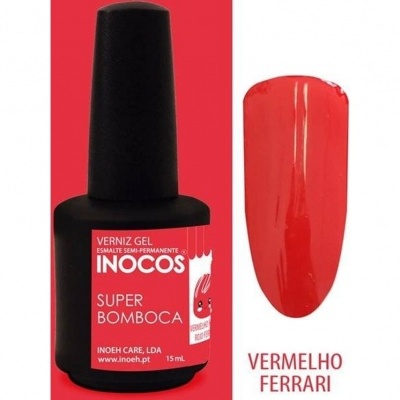 Frasco de verniz gel INOCOS Super Bomboca e amostra de cor vermelho Ferrari