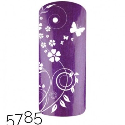 Unha artificial roxa com padrão branco de flores e borboletas