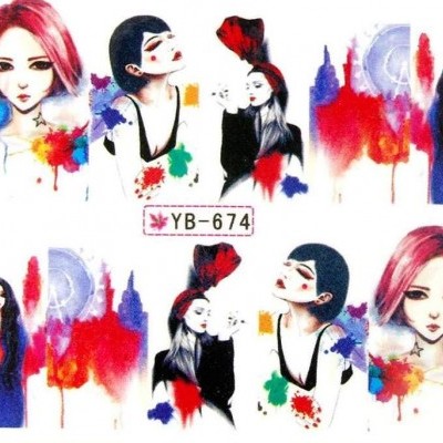 Ilustrações artísticas de rostos femininos e silhuetas urbanas com manchas coloridas e texto YB-674