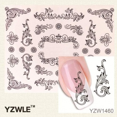 Autocolantes para unhas com desenhos florais preto sobre fundo transparente