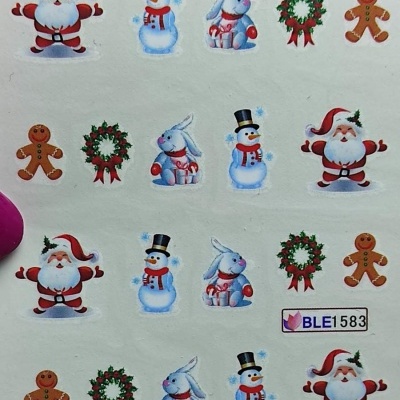 Folha com autocolantes de Pai Natal, bonecos de neve, coelhos, coroas de azevinho e biscoitos de gengibre, texto BLE1583