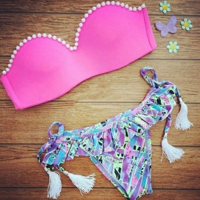 Bikini Top Rosa com Pérolas