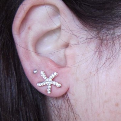 Brincos Estrelas Douradas com Brilhantes Prateados