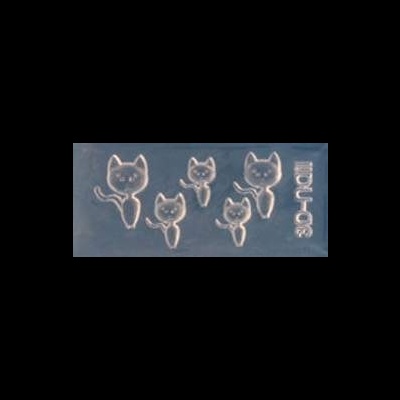 Molde transparente de silicone com cinco formas de gatos e texto SILICONE