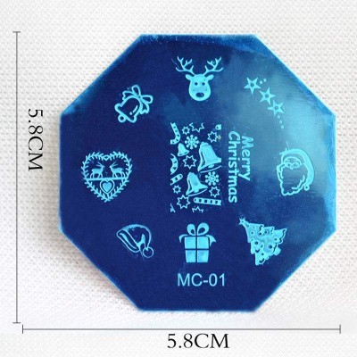 Placa octogonal azul para carimbos de unhas com desenhos natalícios.