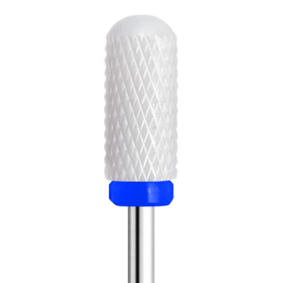 Broca de corte cilíndrica branca com base azul e haste metálica