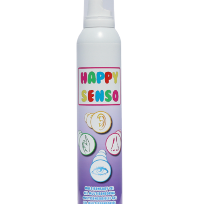 Frasco branco e roxo de gel Happy Senso com ilustrações sensoriais coloridas.