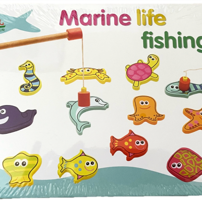 Jogo infantil de pesca Marine life fishing com peixes e varas em fundo branco