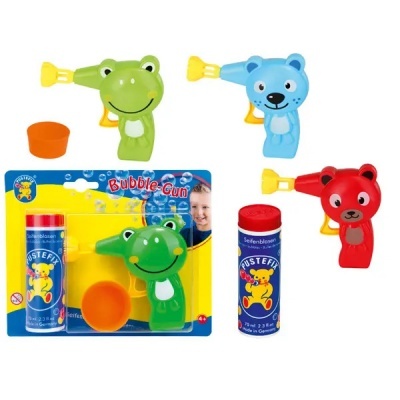 Conjunto de pistolas de bolhas de sabão coloridas em forma de animais e líquido azul para bolhas