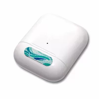 Estojo branco para auscultadores sem fios com autocolante colorido na tampa