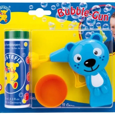 Brinquedo para bolhas de sabão com pistola azul em forma de urso e embalagem colorida