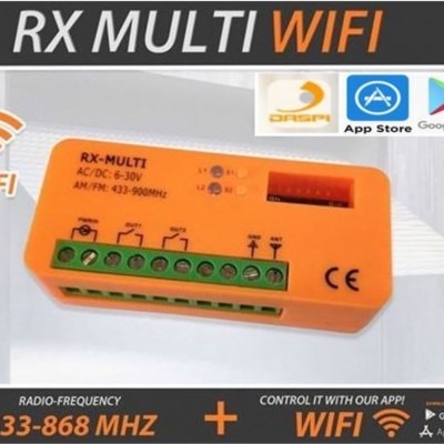 Recetor RX-MULTI rádio-frequência laranja com texto AC/DC 6-30V e AM/FM 433-900MHZ