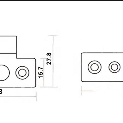 Desenho técnico de um conector com cinco portas numeradas e dimensões.