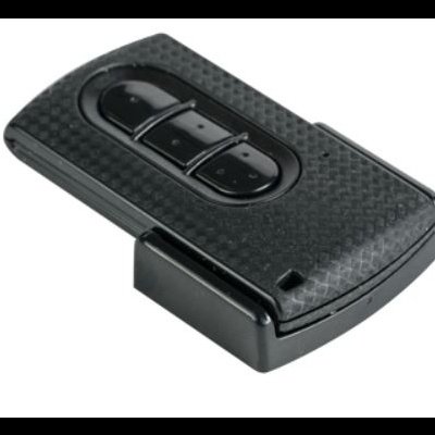 Comando remoto preto com três botões e textura padrão