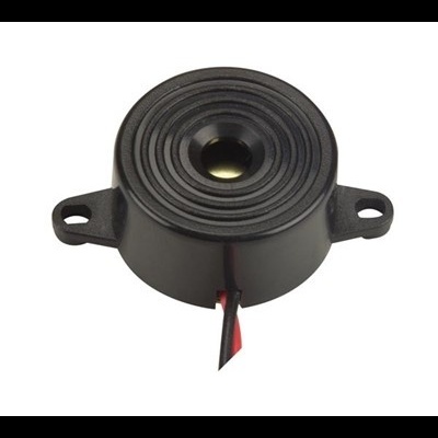 Buzzer preto redondo com fios vermelhos e pretos para ligação