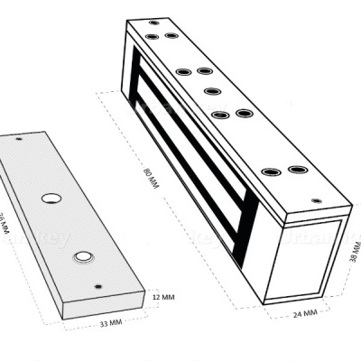 Componentes retangulares brancos com furos circulares e dimensões indicadas