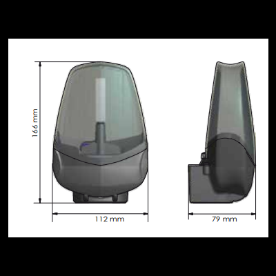 Depósito recarregável para vaporizador em plástico transparente fumado e base preta, com dimensões indicadas.