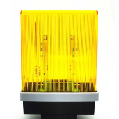 Sinal luminoso de segurança amarelo com duas lâmpadas, base preta e branca