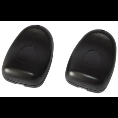 Dois dispositivos eletrónicos pretos ovalados com superfície lisa