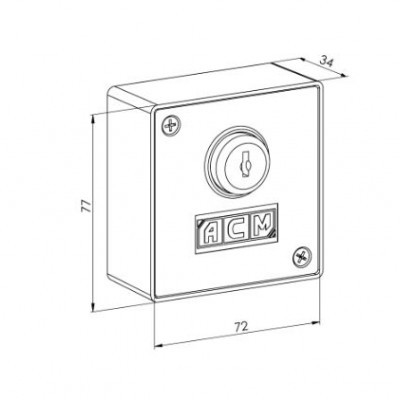 Desenho técnico de caixa quadrada com fechadura e letras ACM