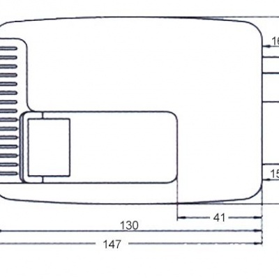 Desenho técnico em preto e branco com dimensões de uma peça retangular com extensões