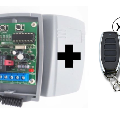 Placa eletrónica dentro de caixa cinzenta aberta e dois comandos à distância pretos com botões
