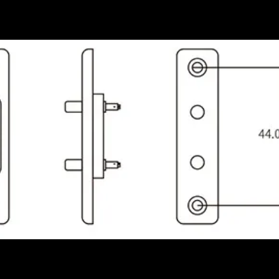 Desenho técnico de peça metálica retangular com três orifícios e dimensão 44.0mm