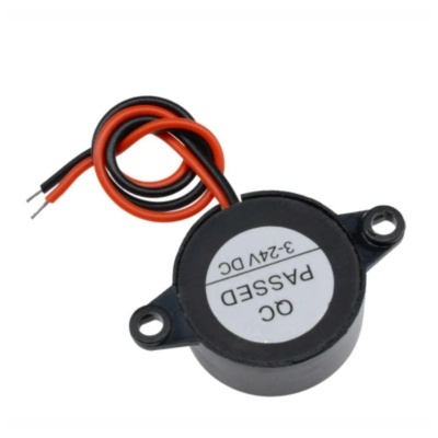 Buzina electrónica preta com fios vermelhos e pretos e etiqueta QC PASSED 3-24V DC