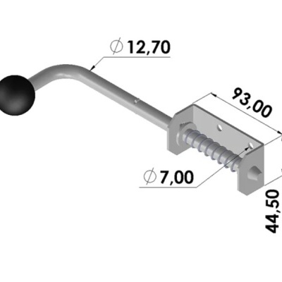 Gancho de metal com esfera preta e suporte retangular com parafuso