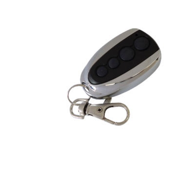 Comando remoto portátil com 4 botões negros e estrutura prateada