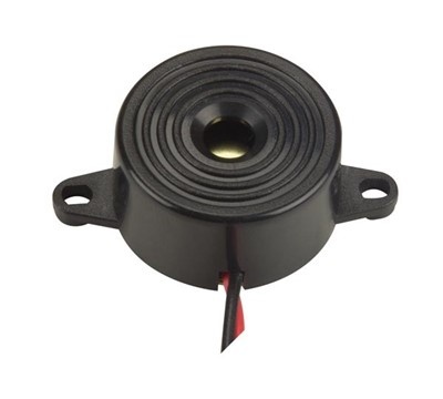 Buzzer preto redondo com fios vermelhos e pretos para ligação