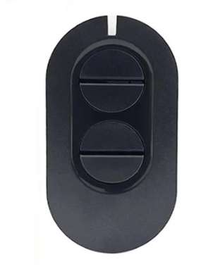 Comando preto com dois botões circulares em fundo branco